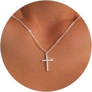 04 Simple Cross Necklace for Women's Plated Dainty Silver Small Cross Pendant